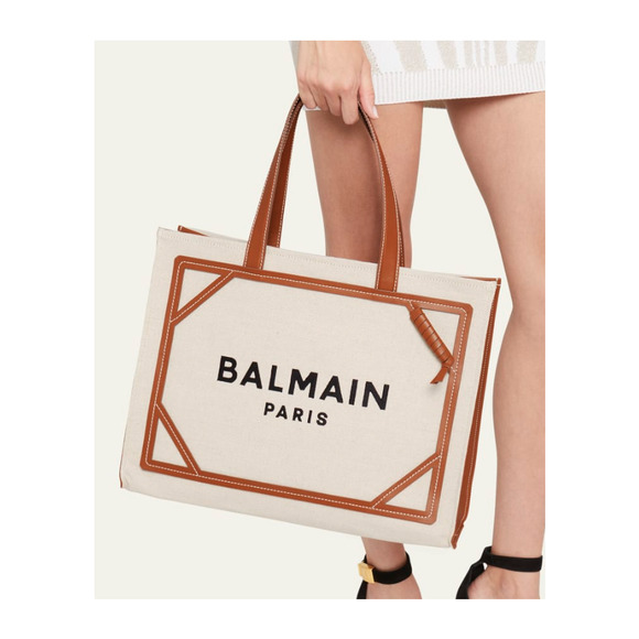 NEW BALMAIN PARIS B ARMY SUMMER CANVAS LEATHER TOTE SHOPPER BAG - Picture 5 of 10